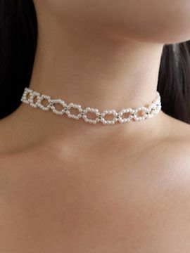 geegee Pearl Lace-Woven Silver Choker
