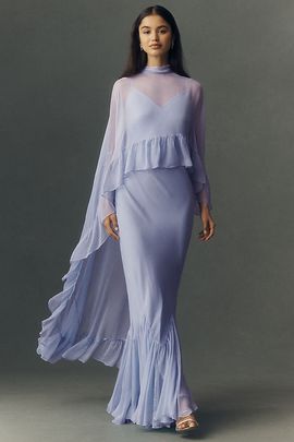 Geisha Designs Leigh Chiffon Slip Maxi Dress With Ruffle Cape