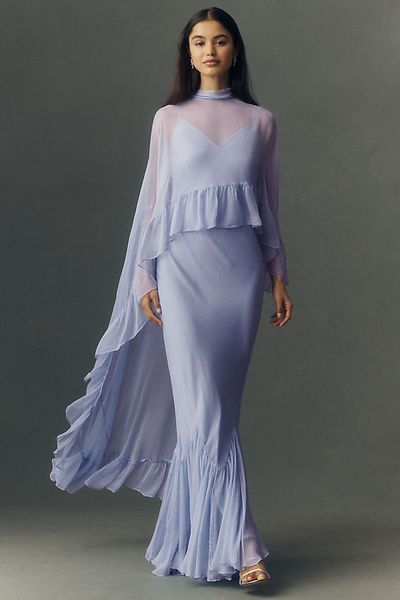 Geisha Designs Leigh Chiffon Slip Maxi Dress With Ruffle Cape