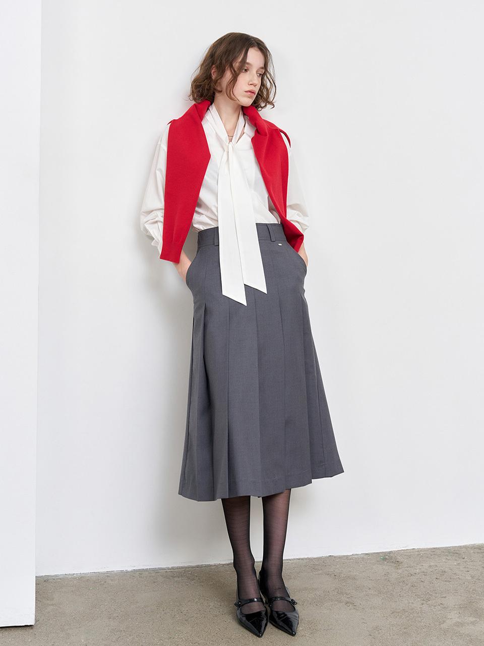 GENERAL IDEA Bold Pleated Long Skirt [CHARCOAL] (WBE1L13502)
