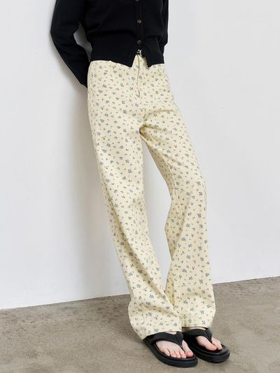 GENERAL IDEA Flower Cotton High Waist Straight Fit Pants [Buttery Yellow] (WBE1L11501)