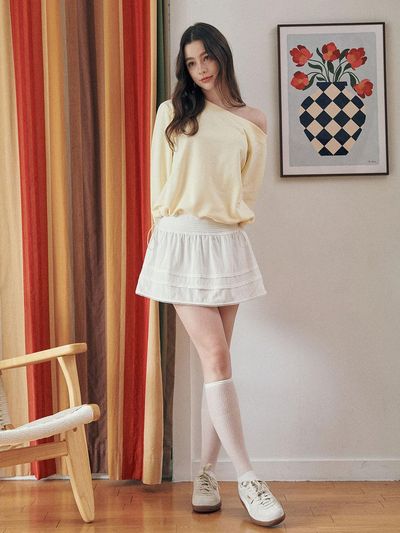 GENERAL IDEA Lace Volume Shirring Mini Skirt [WHITE] (WBE1L13509)