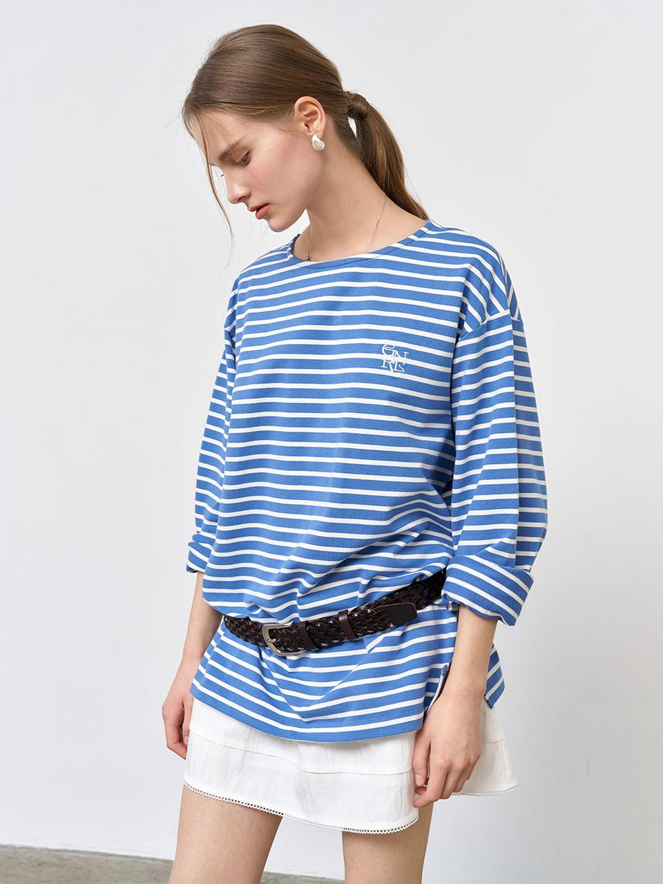 GENERAL IDEA Long Sleeve Loose Fit Border T-shirt [DUST BLUE] (SBE1U01003)