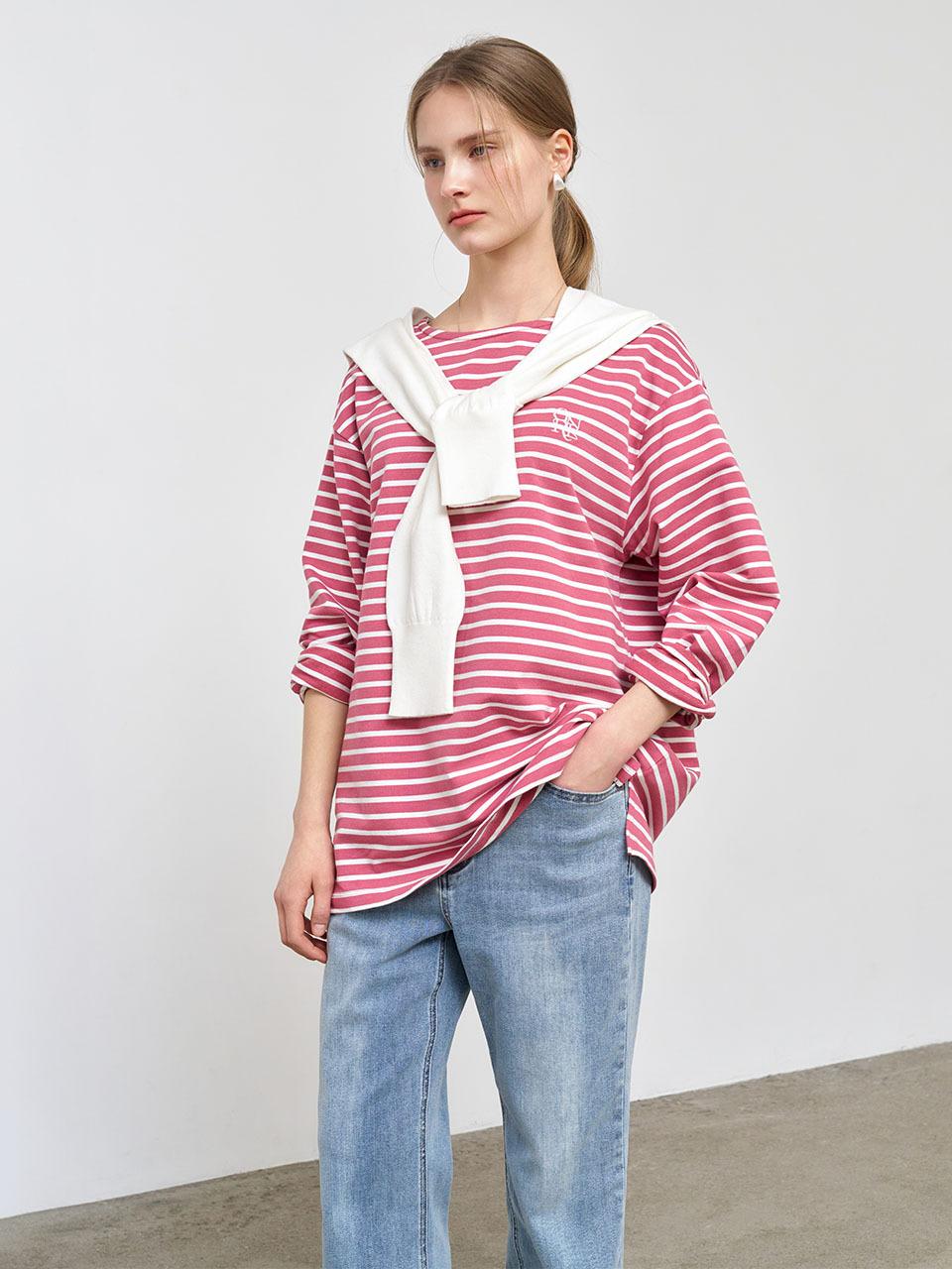 GENERAL IDEA Long Sleeve Loose Fit Border T-shirt [MAUVE PINK] (SBE1U01003)
