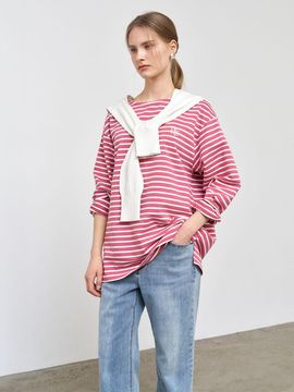 GENERAL IDEA Long Sleeve Loose Fit Border T-shirt [MAUVE PINK] (SBE1U01003)
