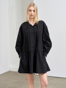GENERAL IDEA Loose-fit Pin-tuck Mini Bamboo Blend Dress [BLACK] (WBE1L15501)