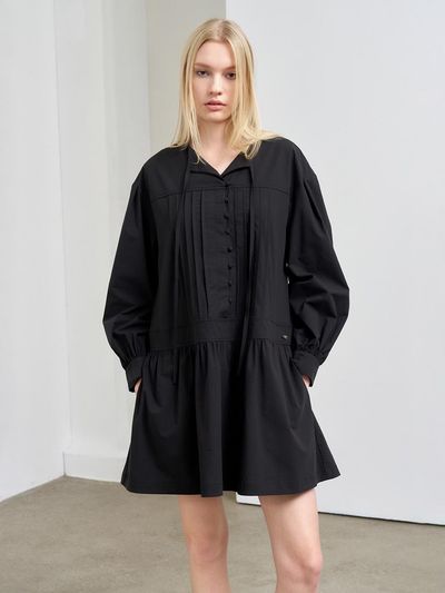 GENERAL IDEA Loose-fit Pin-tuck Mini Bamboo Blend Dress [BLACK] (WBE1L15501)