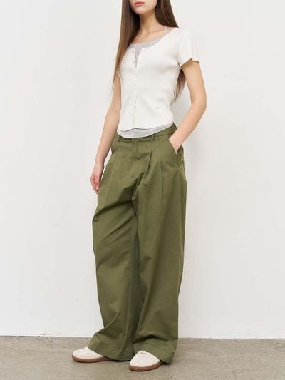GENERAL IDEA Natural Washing Loose-fit Double Pleated Wide Pants [KHAKI] (WBE2L11511)