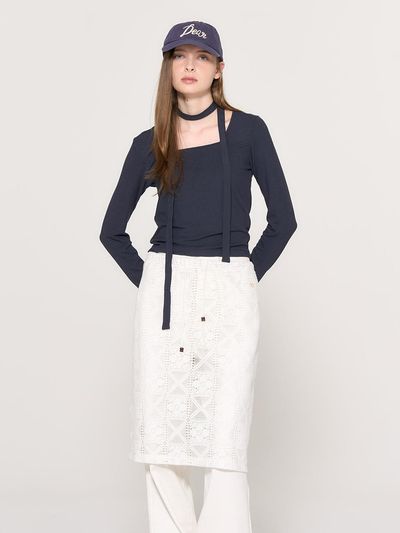GENERAL IDEA Scarf Layered Square Neck T-shirt [DUST NAVY] / WB