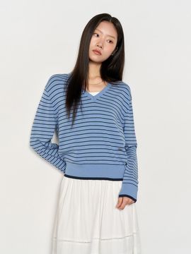 GENERAL IDEA V-neck Stripe Semi-loose Pullover [DUST BLUE] (WBE1L05514)