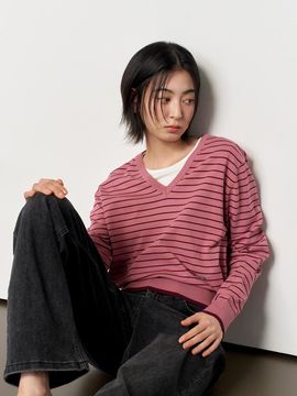 GENERAL IDEA V-neck Stripe Semi-loose Pullover [ROSE PINK] (WBE1L05514)