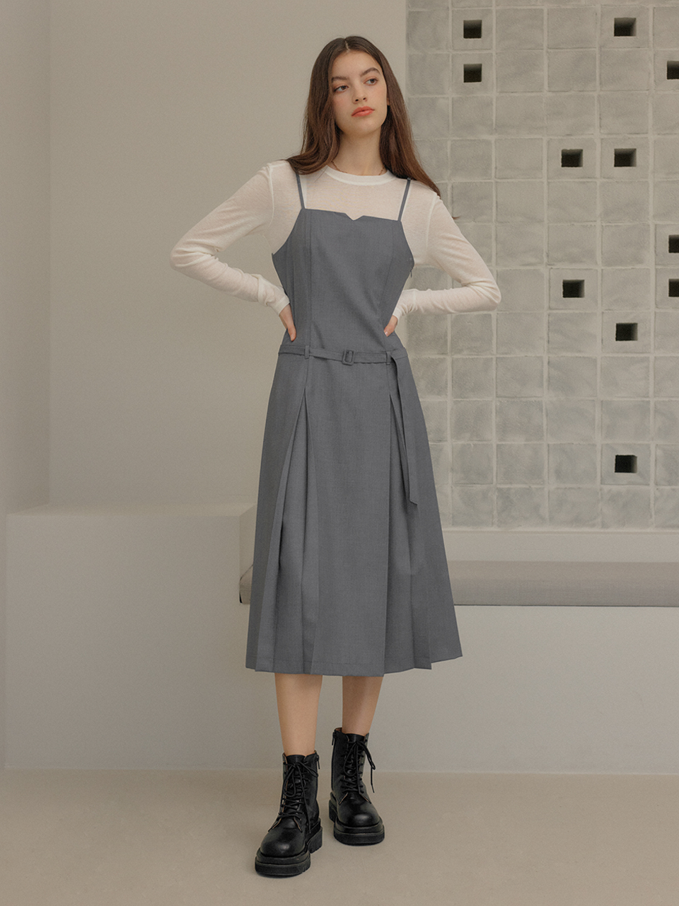 GENERAL IDEA Women Pleated Belt Dress - Gray