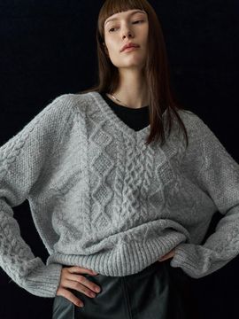 GENERAL IDEA Wool cable Raglan V-neck pullover [LIGHT GREY]