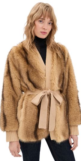 Generation Love Generation Love Heloise Faux Fur Belted Wrap Jacket Toasted Brown