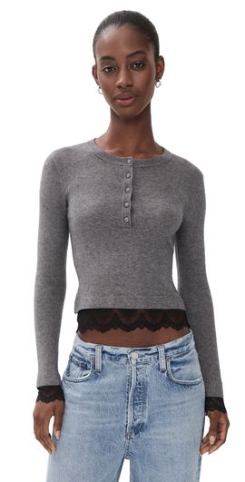 Generation Love Generation Love Olivia Lace Combo Henley Sweater Heather Charcoal/Blk
