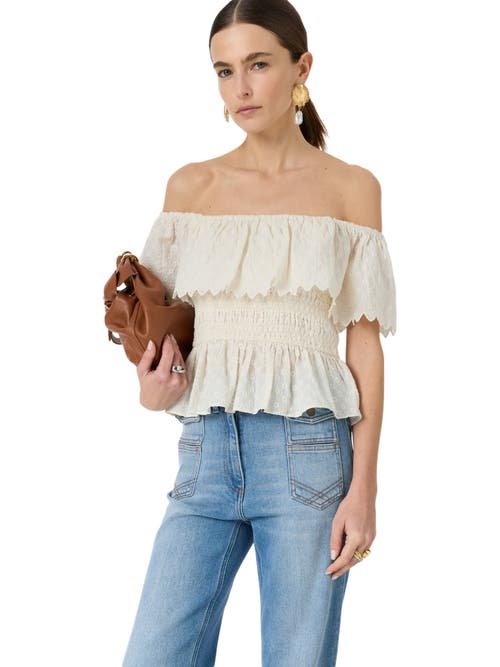 GERARD DAREL GERARD DAREL Smocked Bardot Ruffle Eyelet Blouse