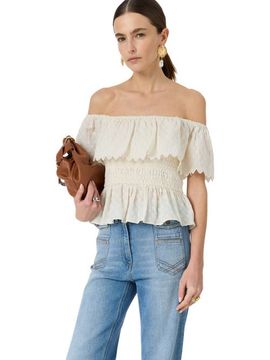 GERARD DAREL GERARD DAREL Smocked Bardot Ruffle Eyelet Blouse
