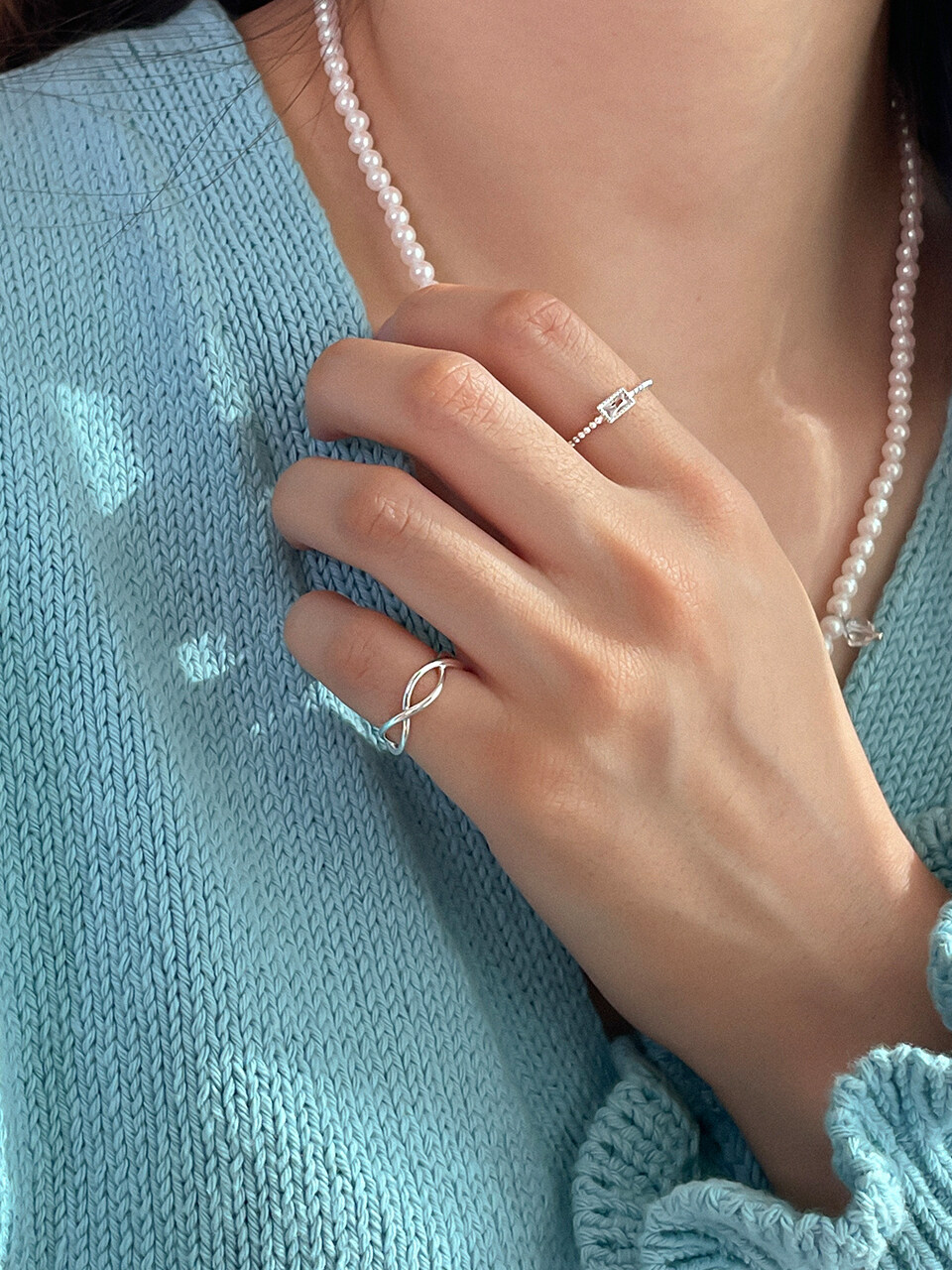 GETMEBLING [SILVER925][2SET] Simple Wave+Ample Onyx Ring-Crystal