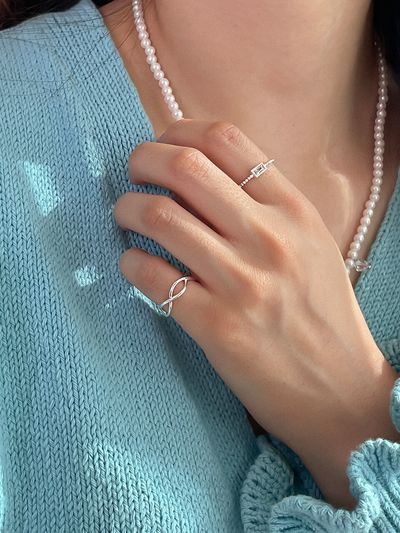 GETMEBLING [SILVER925][2SET] Simple Wave+Ample Onyx Ring-Crystal