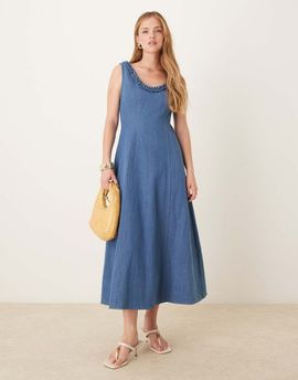 Ghospell Ghospell denim ruffle midaxi dress in blue