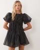 Ghospell Ghospell exclusive seersucker puff sleeve asymmetric drawstring mini dress in black polka dots - 2