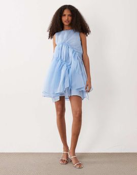 Ghospell Ghospell Indie mesh overlay sleeveless drawstring detail mini dress in light blue
