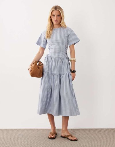 Ghospell Ghospell Piper short sleeve tiered skirt midi dress in light blue striped print