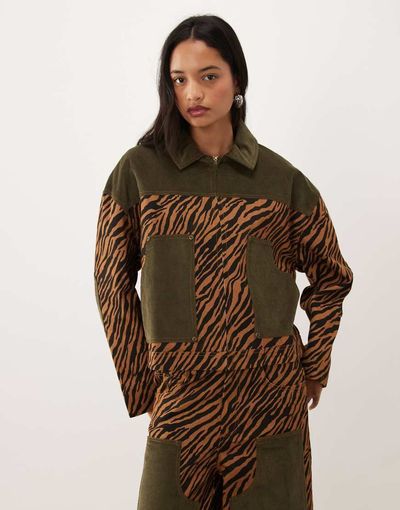 Ghospell Ghospell Suzu corduroy panel detailing zip up jacket in orange zebra - part of a set-Multi