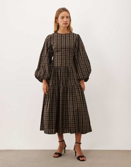 Ghospell Ghospell Tamara cotton round neck blouson sleeve midi dress in olive check-Multi
