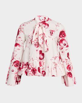 Giambattista Valli Floral Cotton Poplin Bell-Sleeve Neck-Tie Blouse