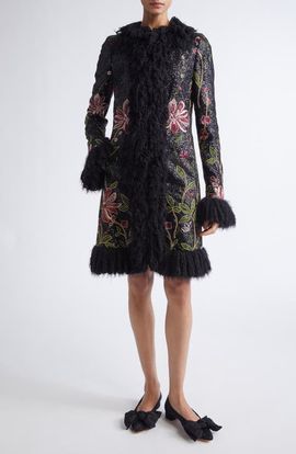Giambattista Valli Giambattista Valli Sequin Floral Embroidered Coat with Faux Fur Trim