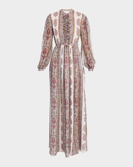 Giambattista Valli Long Bishop-Sleeve Paisley Silk Dress