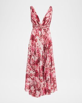 Giambattista Valli Plunging Floral Silk Knotted Maxi Dress