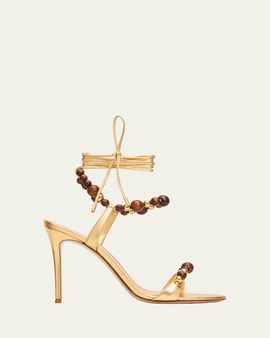 Gianvito Rossi 95mm Beaded Metallic Nappa Leather Ankle-Tie Sandals