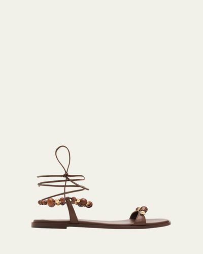 Gianvito Rossi Beaded Nappa Leather Flat Ankle-Tie Sandals