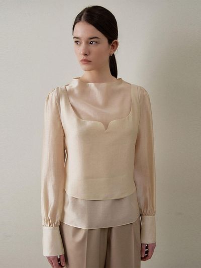 GIEMAR Bustier Double-Layer Curved Pattern Blouse [Beige]