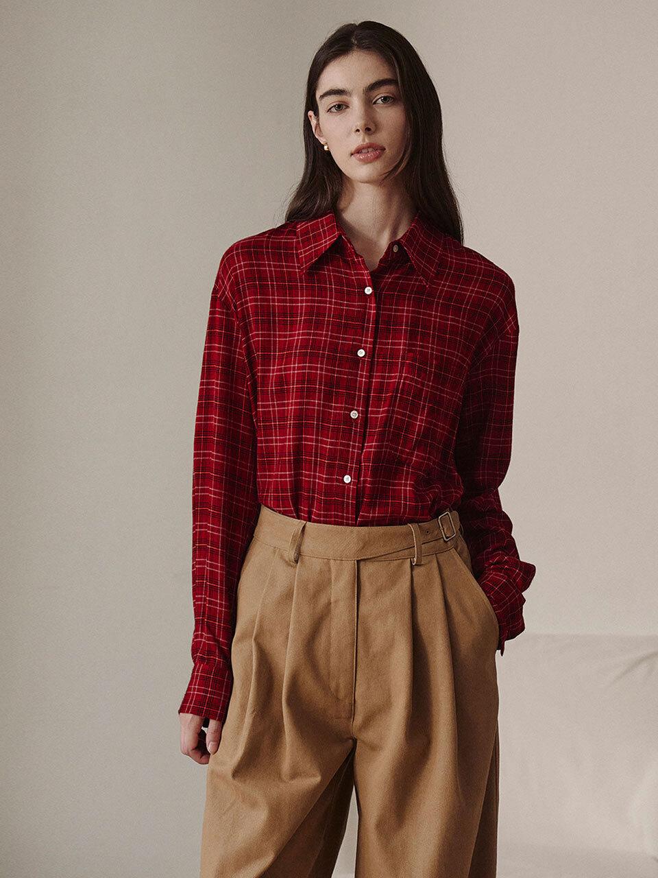 GIEMAR Overfit Check Rayon Shirt [Red]