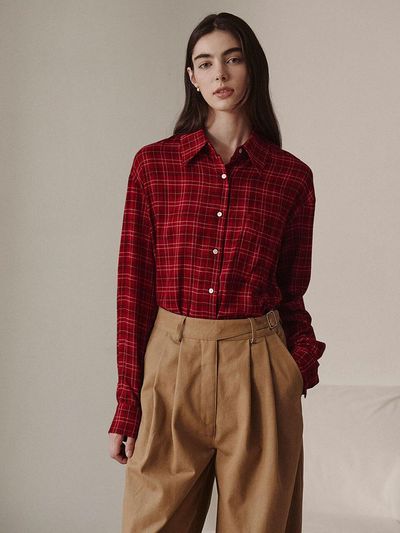 GIEMAR Overfit Check Rayon Shirt [Red]