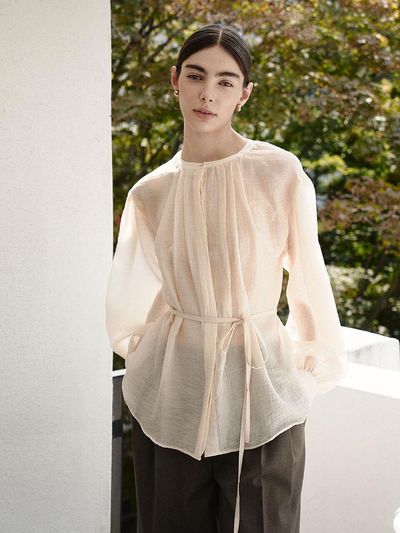GIEMAR Round Neck Strap Tencel Blend Blouse [Skin Beige]