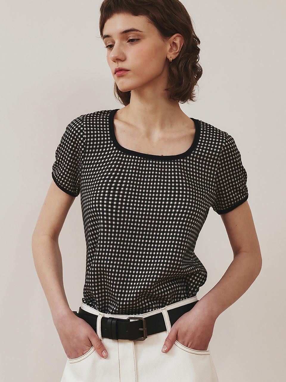 GIEMAR SQUARE NECK CHECK TEE RED BLACK BLUE