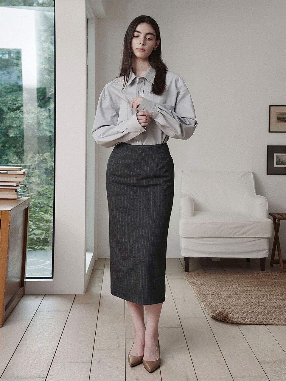 GIEMAR Stripe Straight-fit Wool-cotton Skirt [Charcoal]