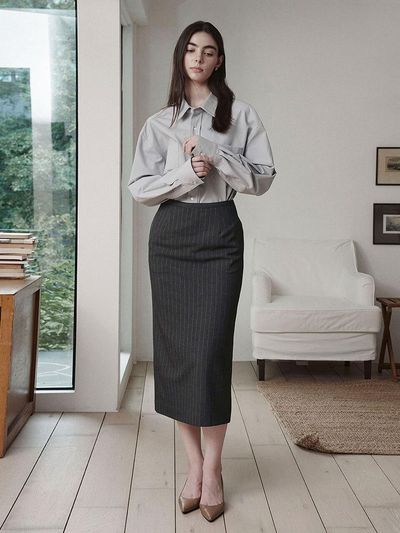 GIEMAR Stripe Straight-fit Wool-cotton Skirt [Charcoal]