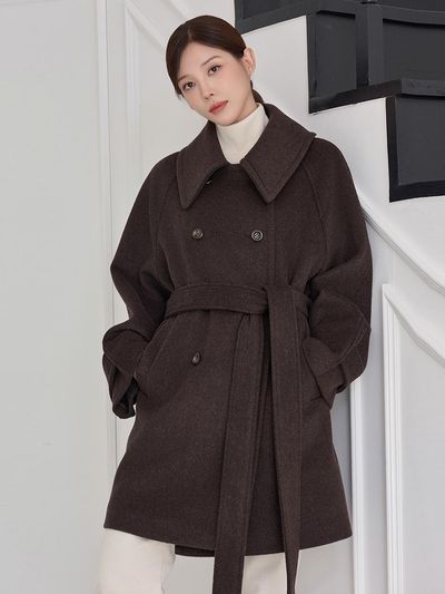 GIEMAR Wide Collar Wool Half Coat [Brown]