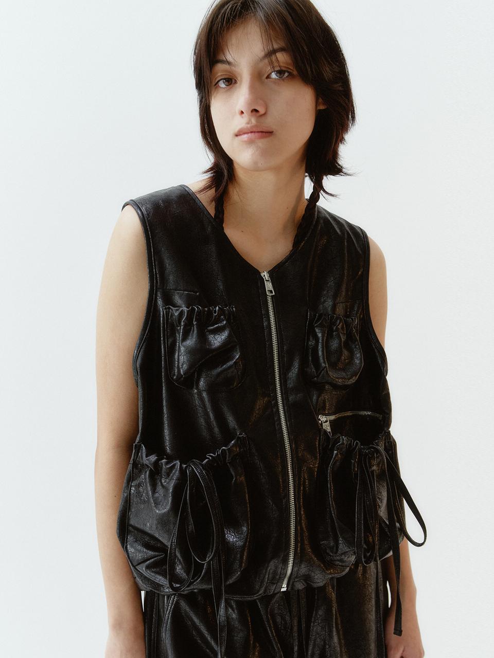 GIMMETHEYOUNG G_VOLUME POCKET LEATHER VEST / BLACK