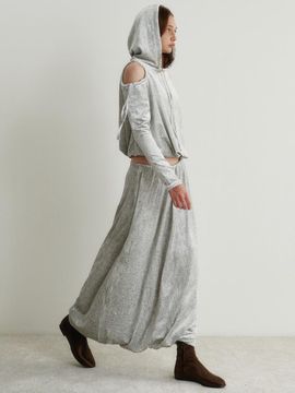 GIMMETHEYOUNG Puffed Shirring 2-Way Velvet Maxi Skirt [Grey]
