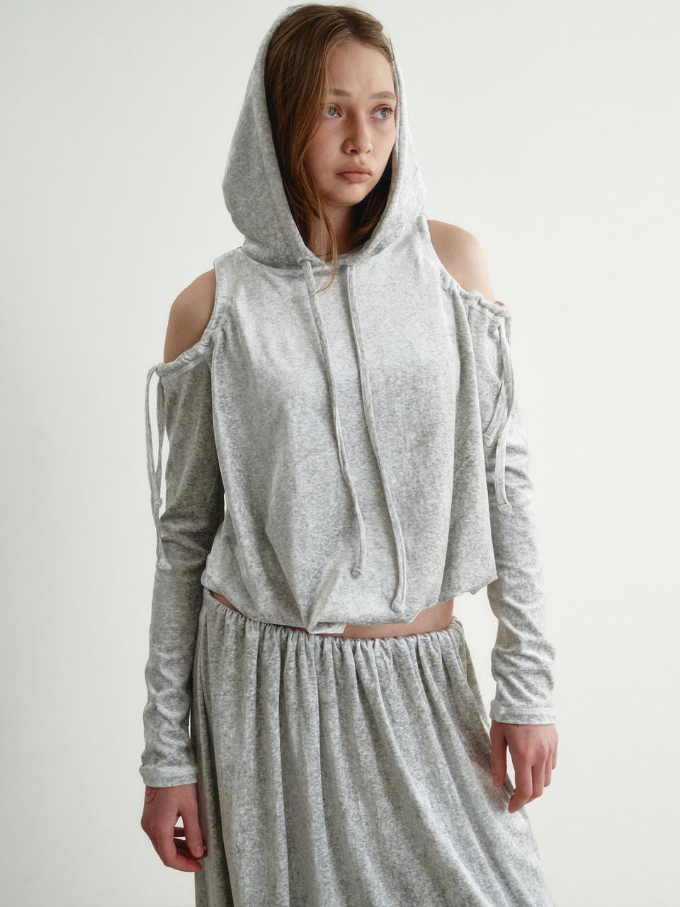 GIMMETHEYOUNG Shoulder Cut-Out Velvet Hooded Jacket [Grey]