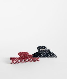 GINA TRICOT Gina Tricot 2 pack claw clips in black and burgundy polka dot print-Red