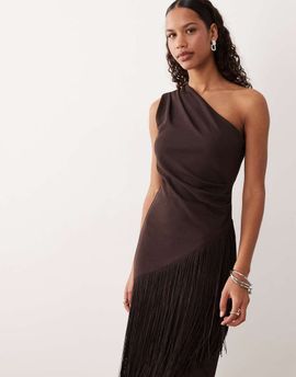 GINA TRICOT Gina Tricot asymmetric longline fringe top in chocolate brown - part of a set