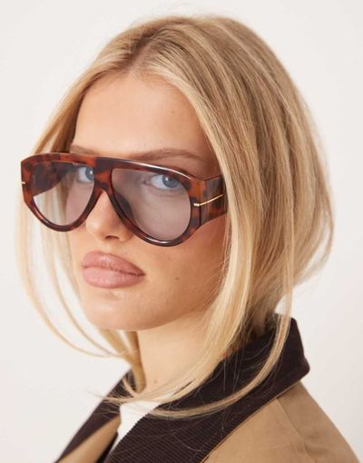 GINA TRICOT Gina Tricot bold aviator sunglasses with blue light lenses in tortoise print-Brown