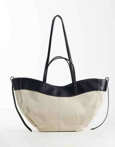 GINA TRICOT Gina Tricot canvas tote bag with faux leather trim in off white and black-Multi